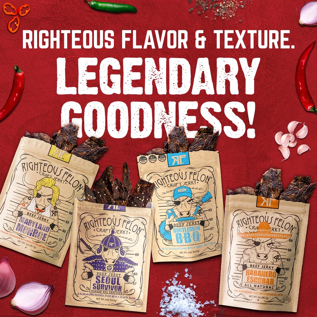 Righteous Felon Beef Jerky Variety Pack – Gluten Free, High Protein, Keto-Friendly | Spicy Jerky 4 Pack