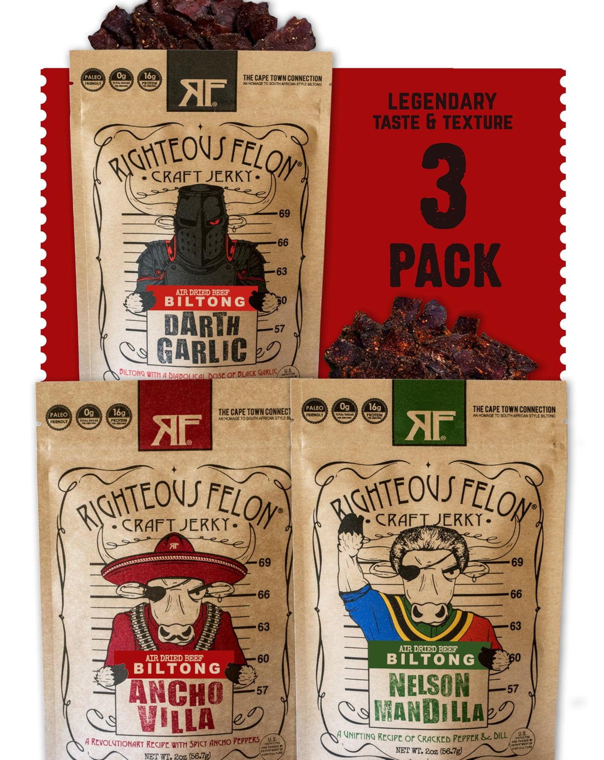 Righteous Felon Biltong Beef Jerky Variety Pack | High-Protein, Keto-Friendly, Low Sugar | 3 Pack
