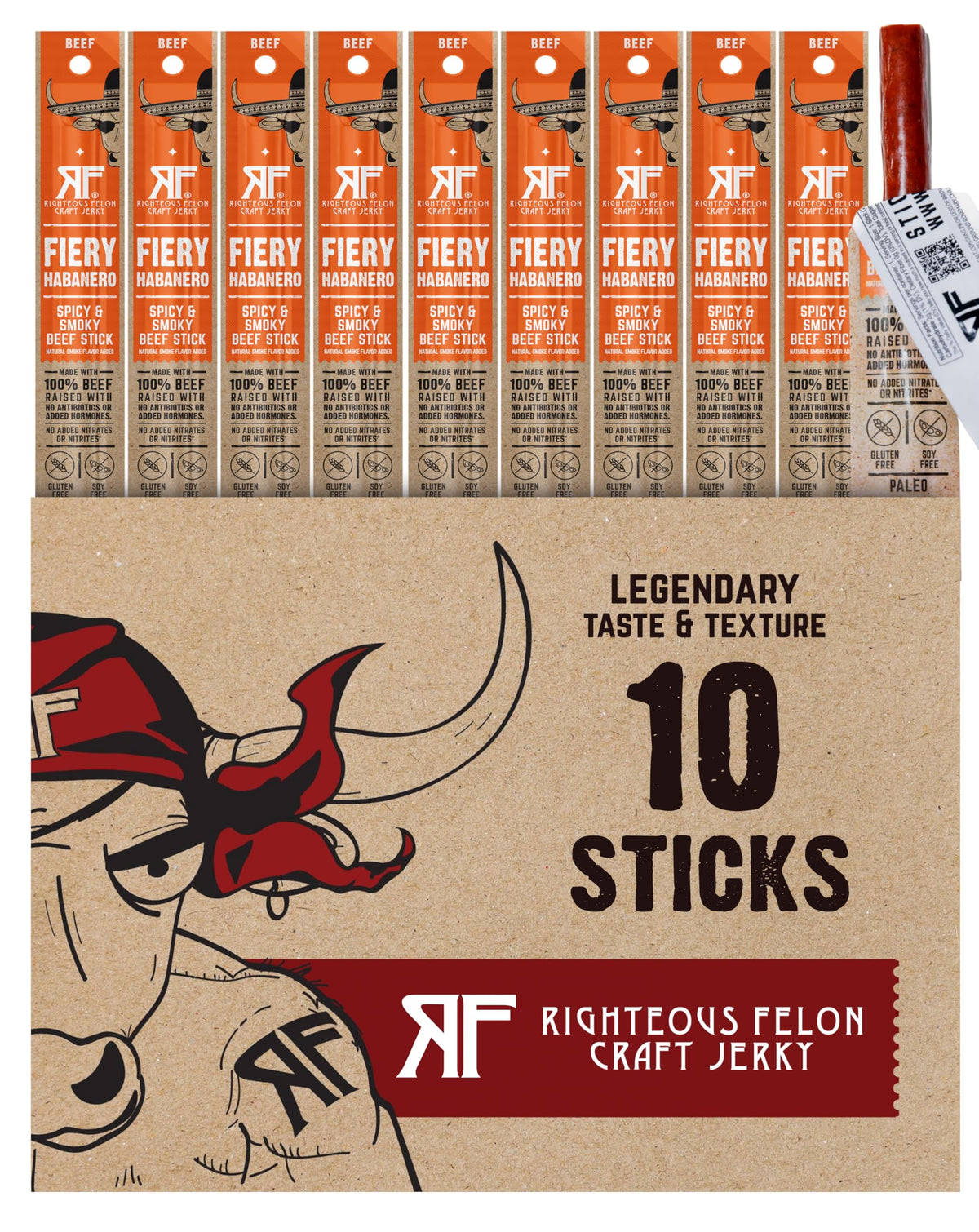 Righteous Felon Fiery Habanero Meat Sticks – 100% Grass-Fed Beef, 9g Protein per Stick, Keto & Gluten-Free (10 Count)
