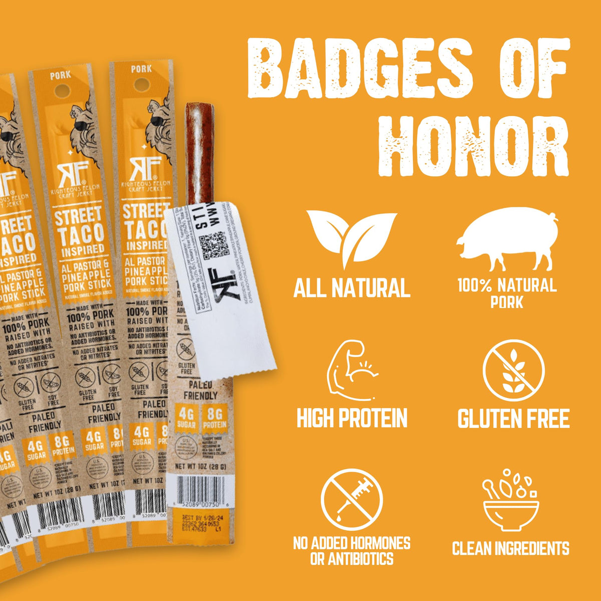 Righteous Felon Mini Meat Sticks – 100% Pork, Street Taco Flavor | Keto, Gluten Free, Low Sugar, High Protein, 24 Count