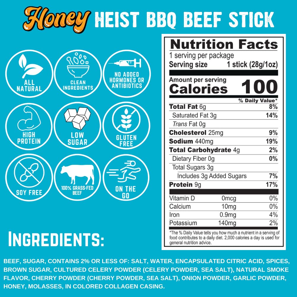 Righteous Felon Meat Sticks – 100% Grass-Fed Beef, 9g Protein per Stick, Honey Heist BBQ | 10 Count