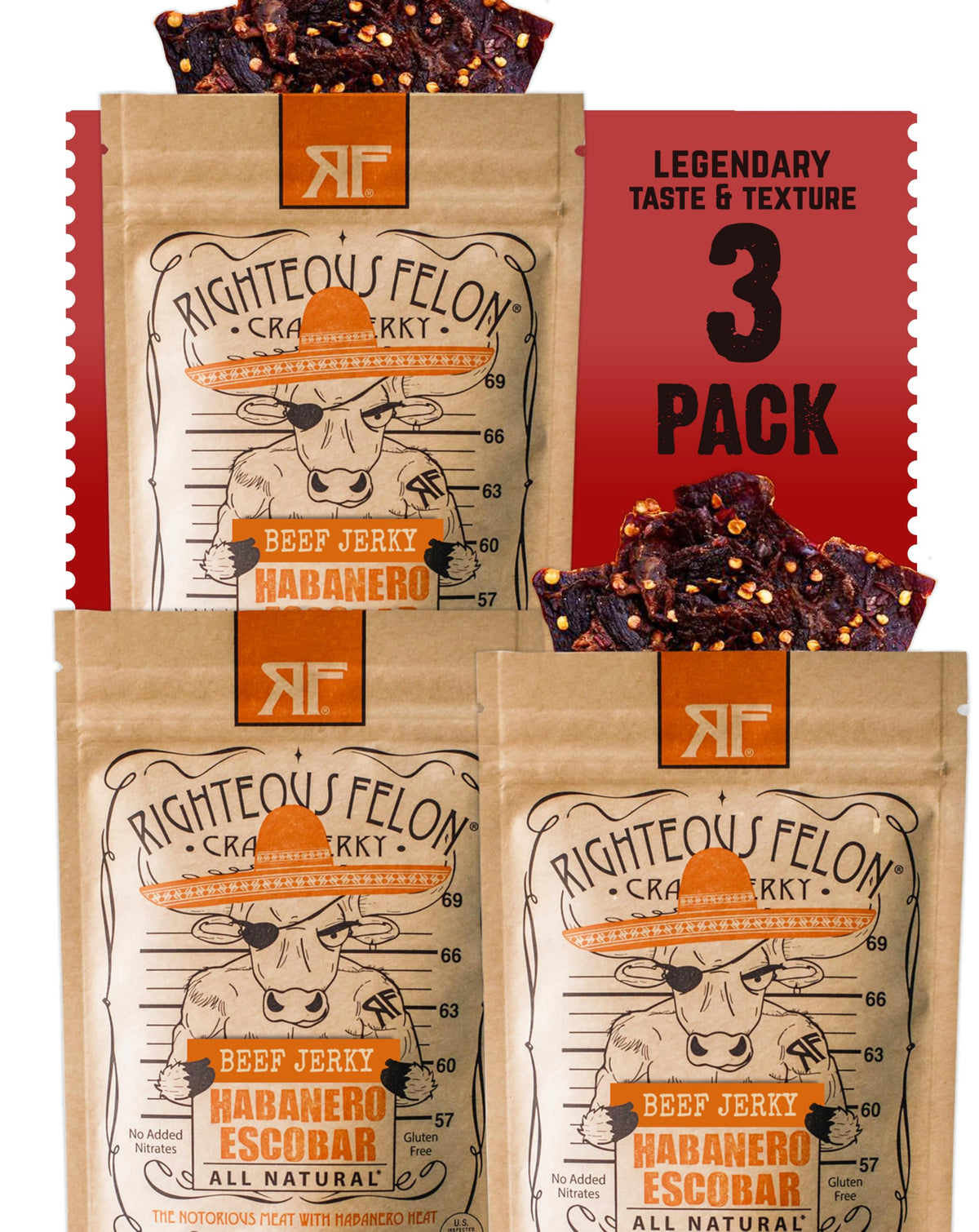 Righteous Felon Beef Jerky - Habanero Escobar | All-Natural, High-Protein Snack (3x2oz)