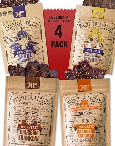 Righteous Felon Beef Jerky Variety Pack – Gluten Free, High Protein, Keto-Friendly | Spicy Jerky 4 Pack