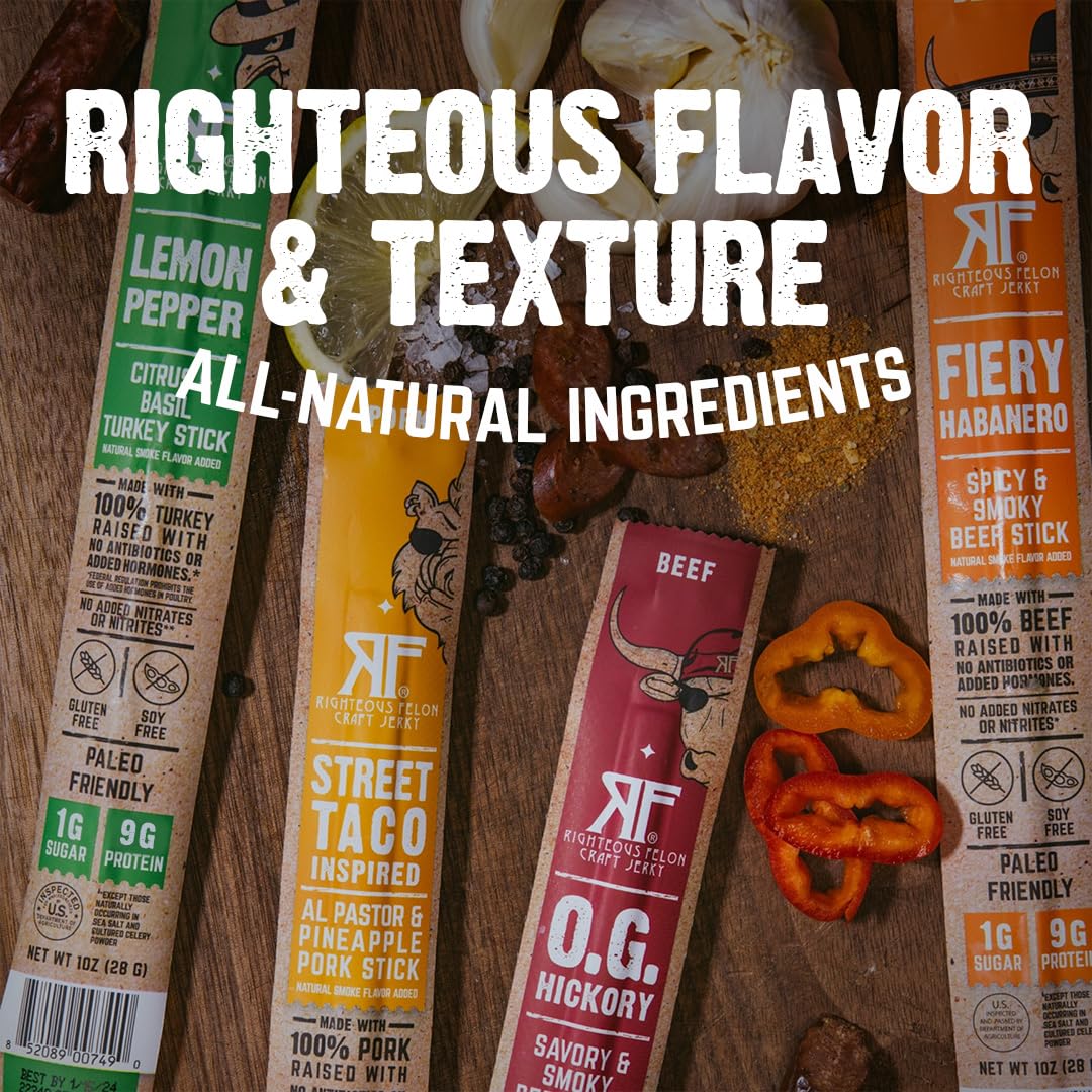 Righteous Felon Variety Meat Sticks | 100% Grass-Fed Beef, Turkey & Pork | 10-Count High-Protein Snack Pack