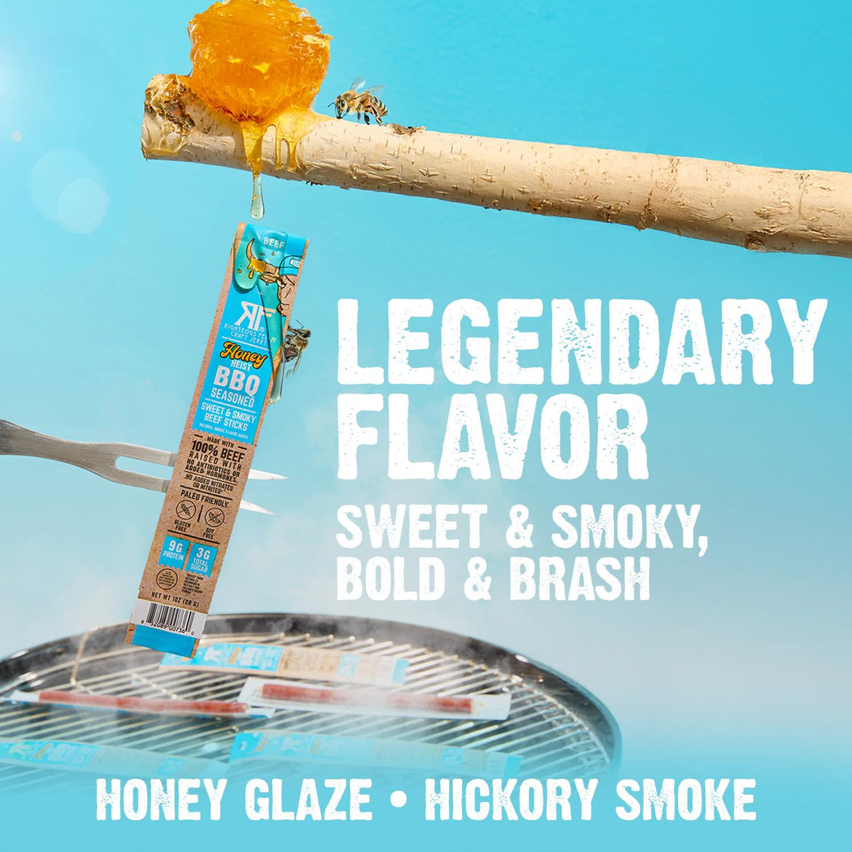 Righteous Felon Meat Sticks – 100% Grass-Fed Beef, 9g Protein per Stick, Honey Heist BBQ | 10 Count