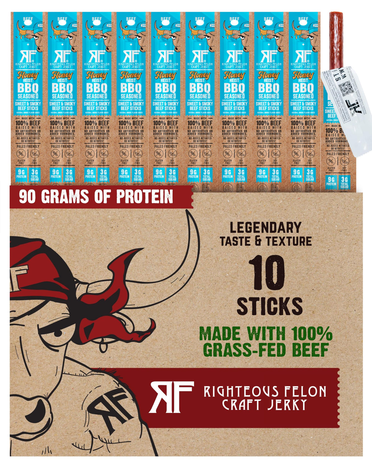 Righteous Felon Meat Sticks – 100% Grass-Fed Beef, 9g Protein per Stick, Honey Heist BBQ | 10 Count