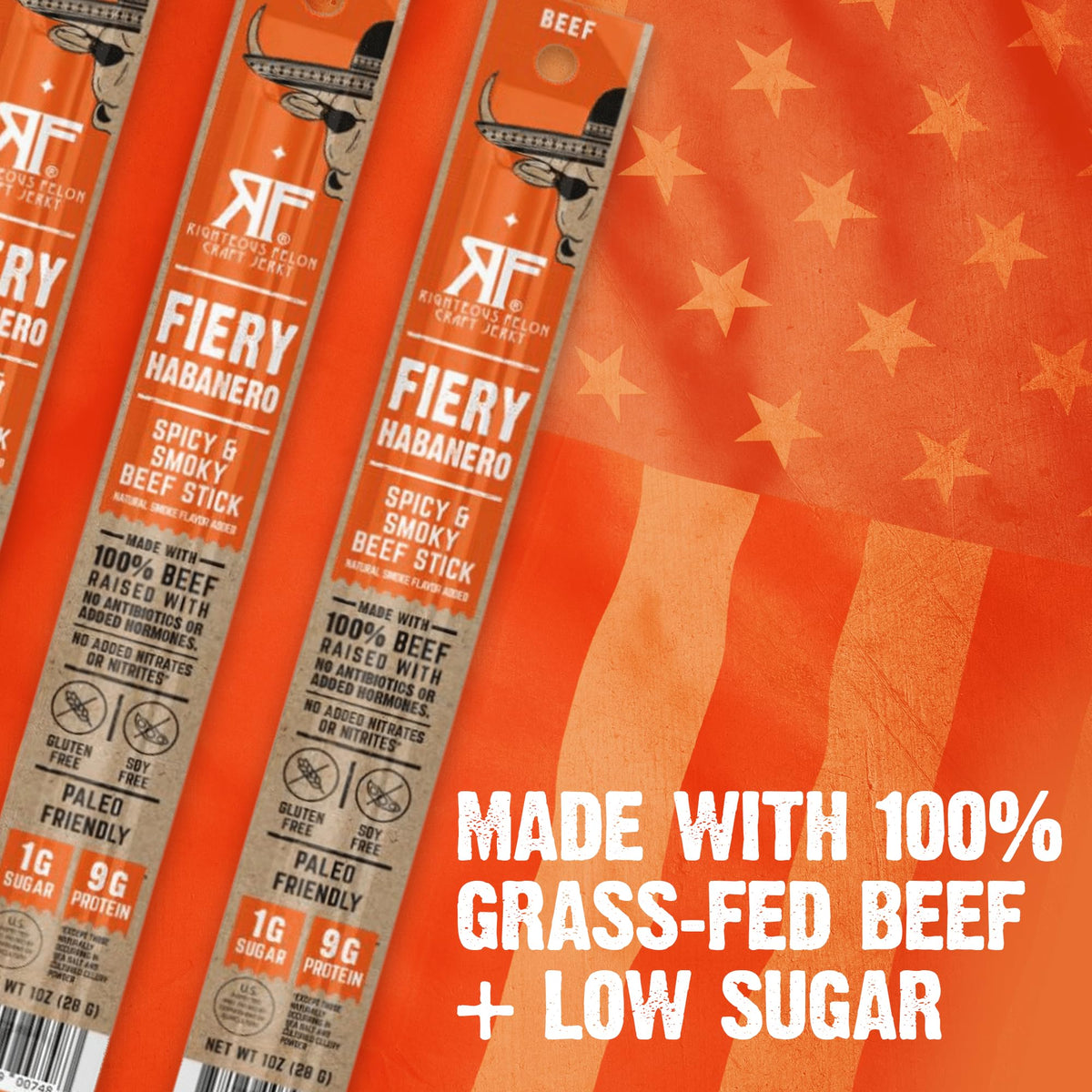 Righteous Felon Fiery Habanero Meat Sticks – 100% Grass-Fed Beef, 9g Protein per Stick, Keto & Gluten-Free (10 Count)