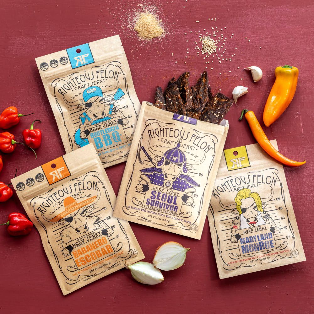 Righteous Felon Beef Jerky Variety Pack – Gluten Free, High Protein, Keto-Friendly | Spicy Jerky 4 Pack