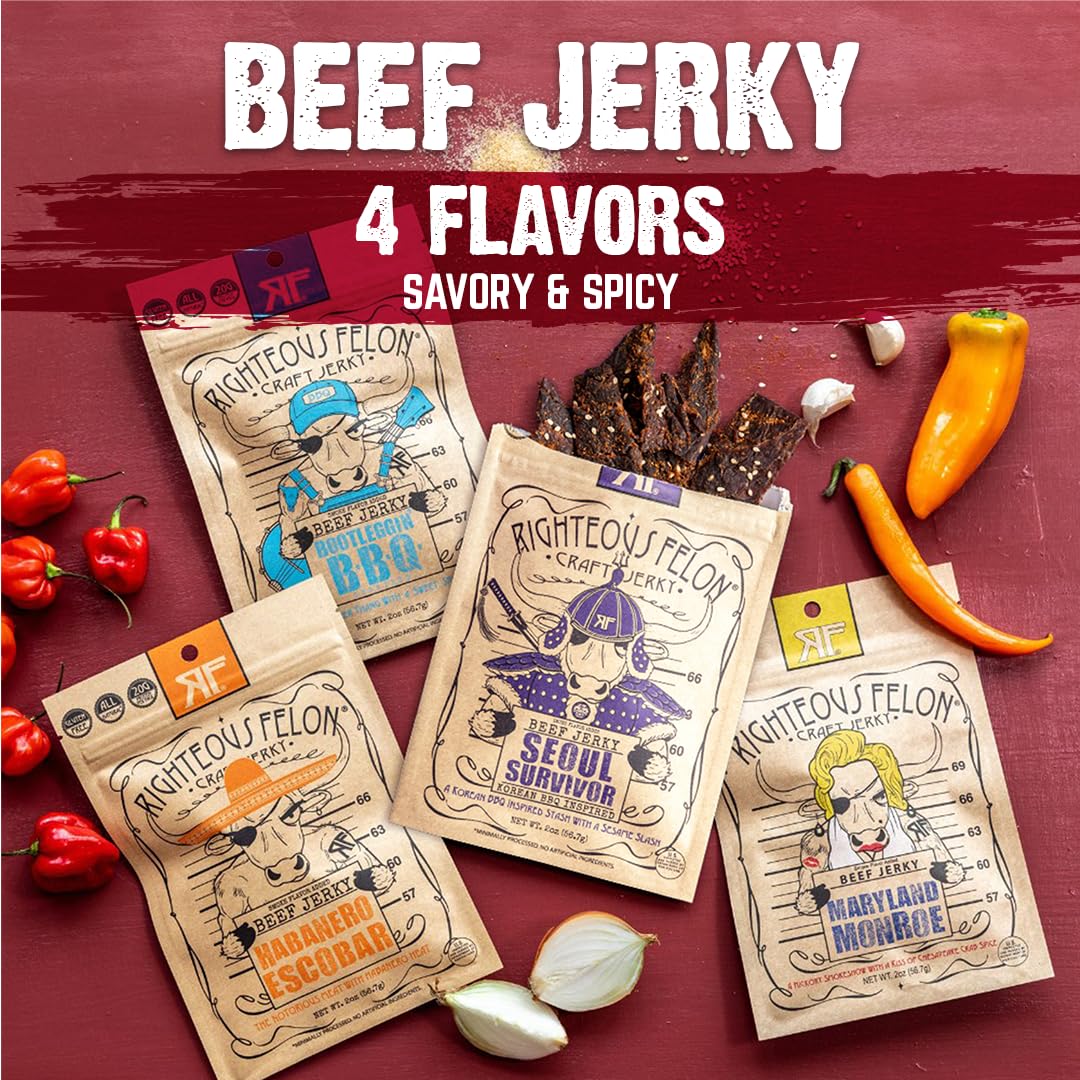 Righteous Felon Beef Jerky Variety Pack – Gluten Free, High Protein, Keto-Friendly | Spicy Jerky 4 Pack