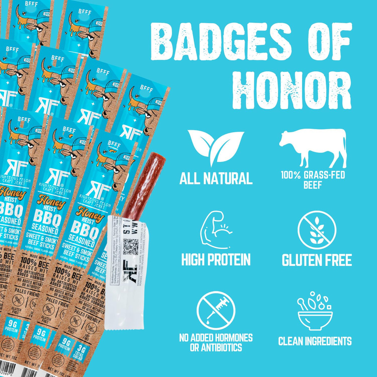 Righteous Felon Meat Sticks – 100% Grass-Fed Beef, 9g Protein per Stick, Honey Heist BBQ | 10 Count