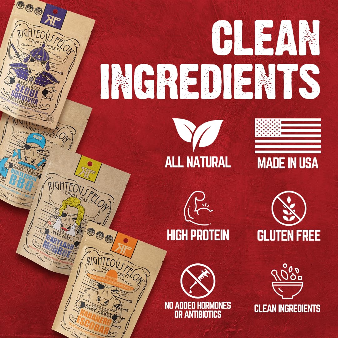 Righteous Felon Beef Jerky Variety Pack – Gluten Free, High Protein, Keto-Friendly | Spicy Jerky 4 Pack