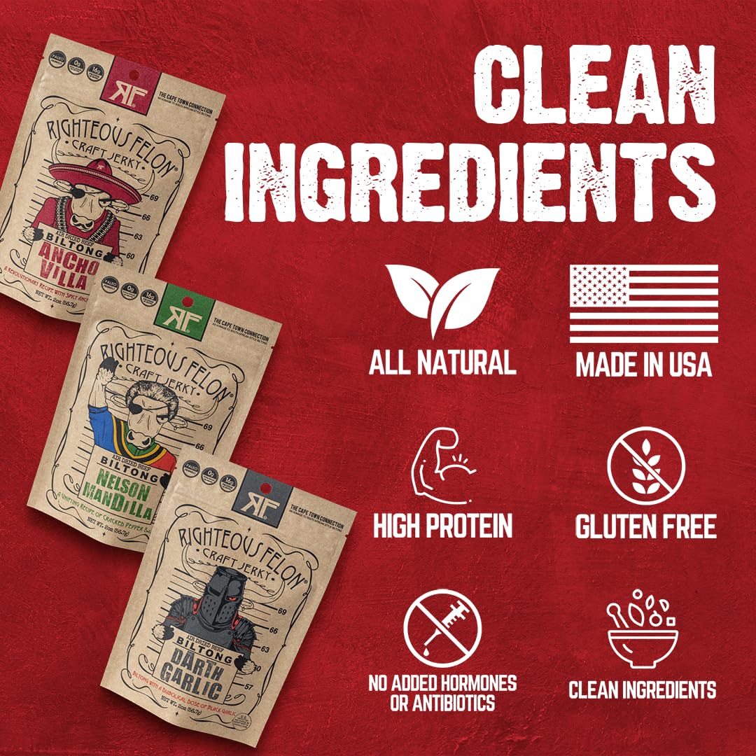 Righteous Felon Biltong Beef Jerky Variety Pack | High-Protein, Keto-Friendly, Low Sugar | 3 Pack