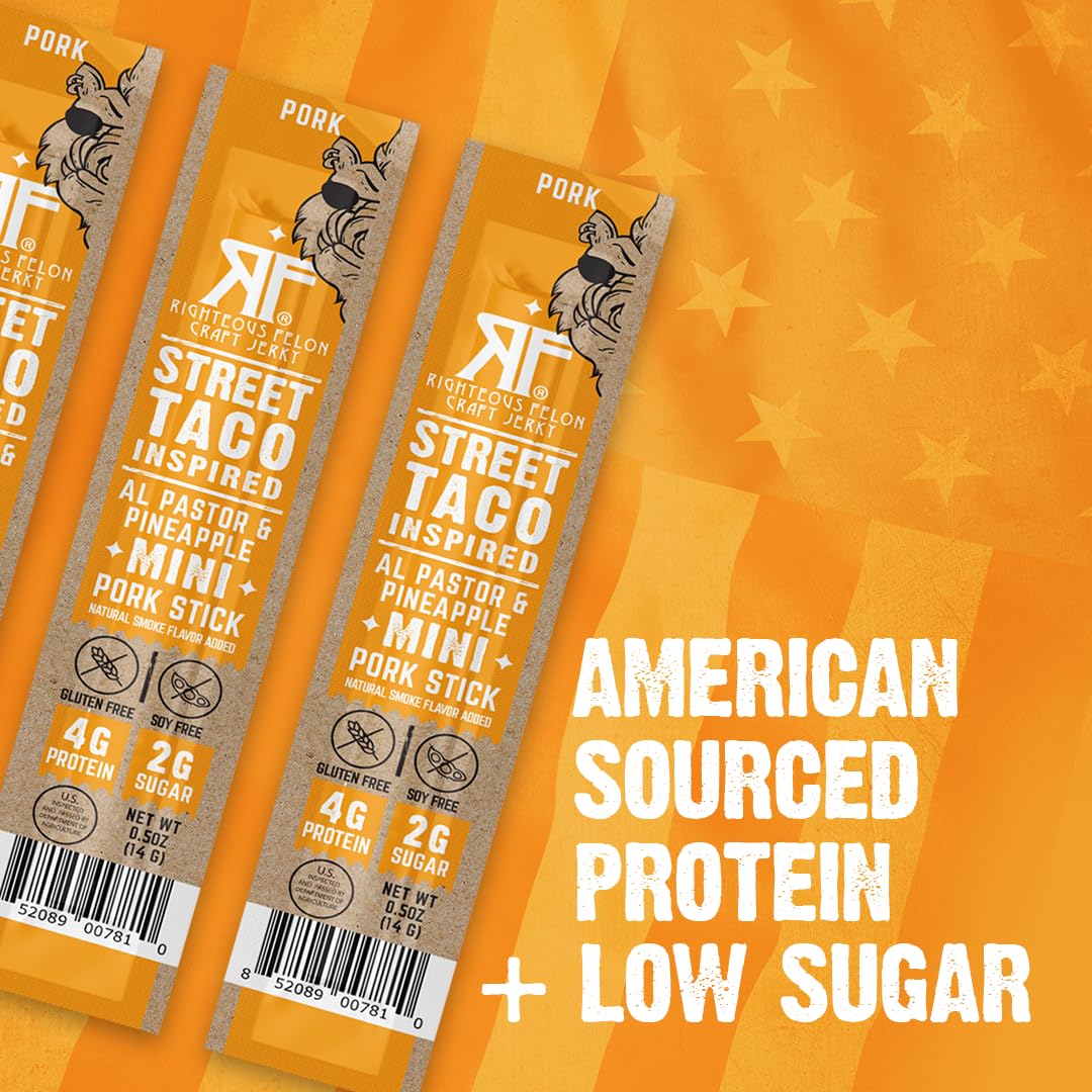 Righteous Felon Mini Meat Sticks – 100% Pork, Street Taco Flavor | Keto, Gluten Free, Low Sugar, High Protein, 24 Count