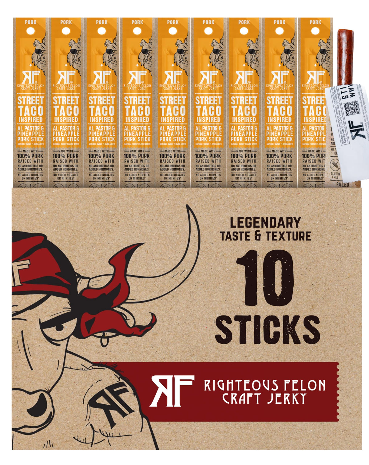 Righteous Felon Meat Sticks — 100% Pasture Raised Pork, 8g Protein per Stick, Keto Gluten-Free Low Sugar | Street Taco Pork Sticks 10 Count