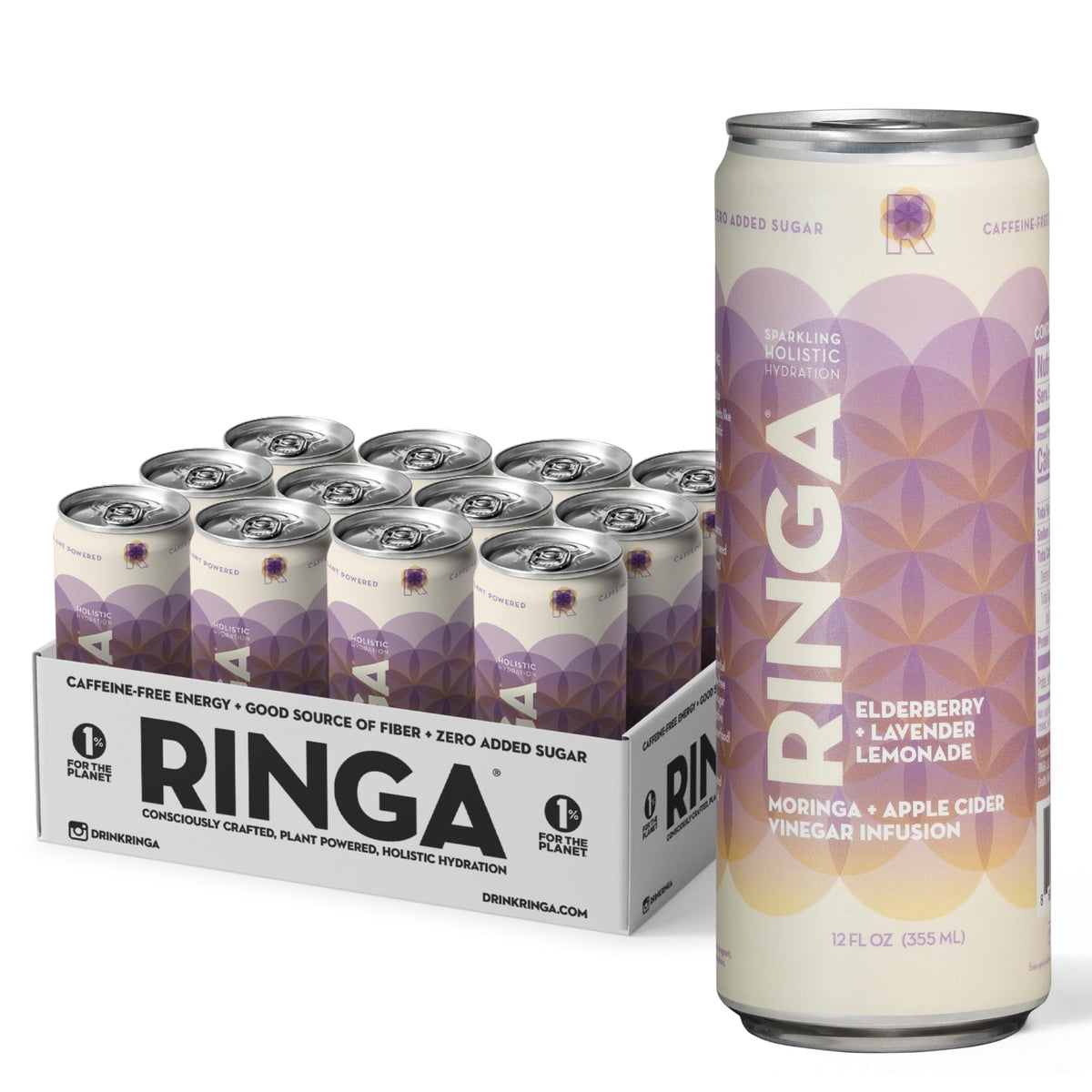 RINGA Sparkling Elderberry Lavender Lemonade - Organic Moringa, 3g Prebiotic Fiber, No Added Sugar
