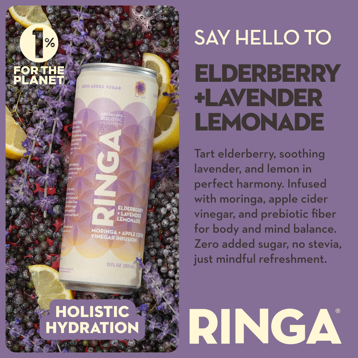 RINGA Sparkling Elderberry Lavender Lemonade - Organic Moringa, 3g Prebiotic Fiber, No Added Sugar