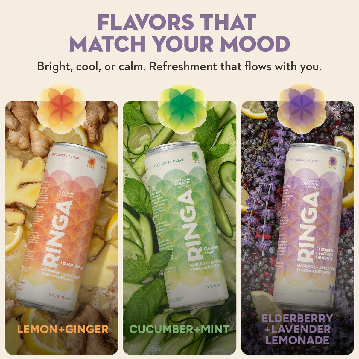 RINGA Sparkling Elderberry Lavender Lemonade - Organic Moringa, 3g Prebiotic Fiber, No Added Sugar