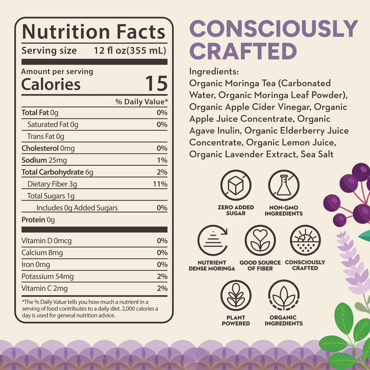 RINGA Sparkling Elderberry Lavender Lemonade - Organic Moringa, 3g Prebiotic Fiber, No Added Sugar
