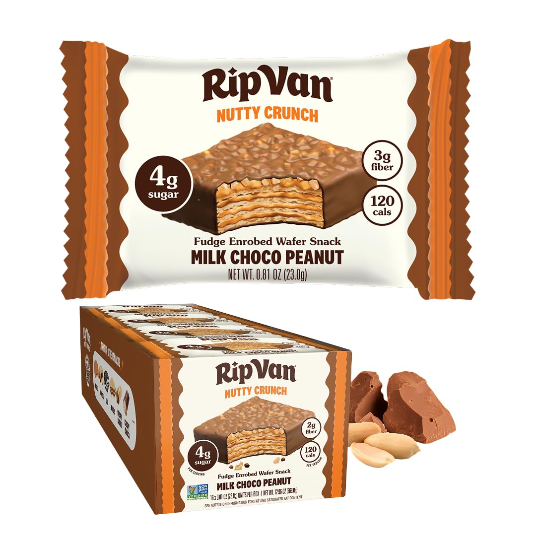 Rip Van Nutty Crunch Milk Chocolate Peanut Butter Wafer – Crispy Snack, Low Sugar, 120 Calories, Individually Wrapped (16 Count)
