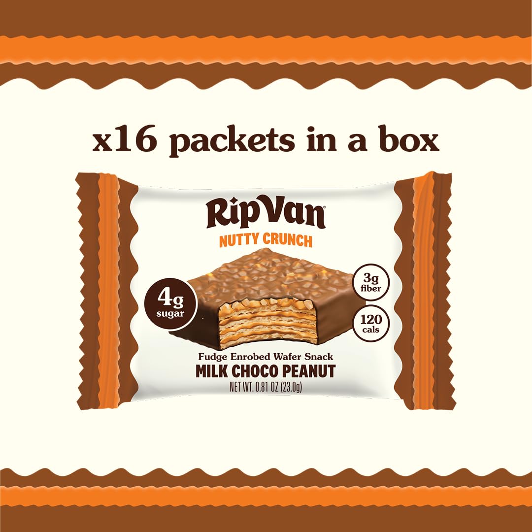 Rip Van Nutty Crunch Milk Chocolate Peanut Butter Wafer – Crispy Snack, Low Sugar, 120 Calories, Individually Wrapped (16 Count)