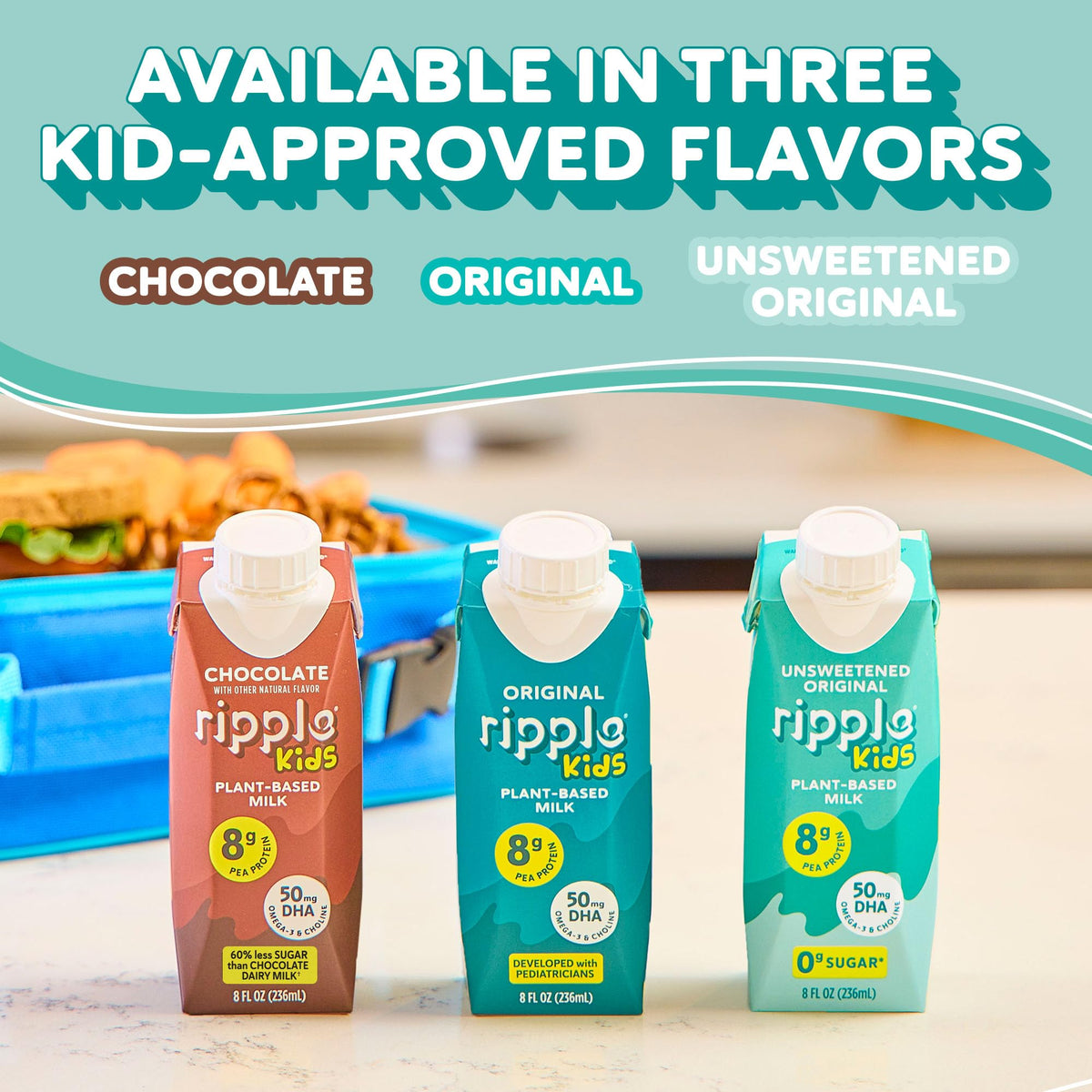 Ripple Kids Original Plant Based Milk | 8g Protein per Serving | Shelf-Stable & Pediatrician-Recommended | Dairy/Nut/Soy/Gluten/Lactose Free | 8 Fl Oz Pack of 12 Unsweetened