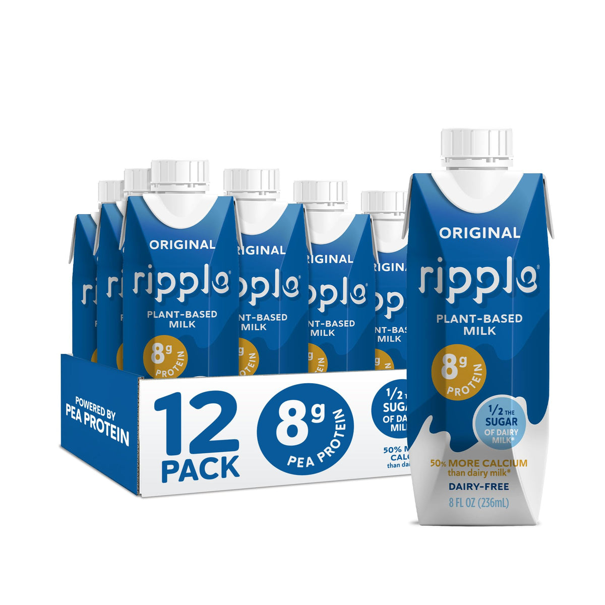 Ripple Original Plant Based Milk – 8g Protein, Calcium Rich, Shelf-Stable (12 Pack)