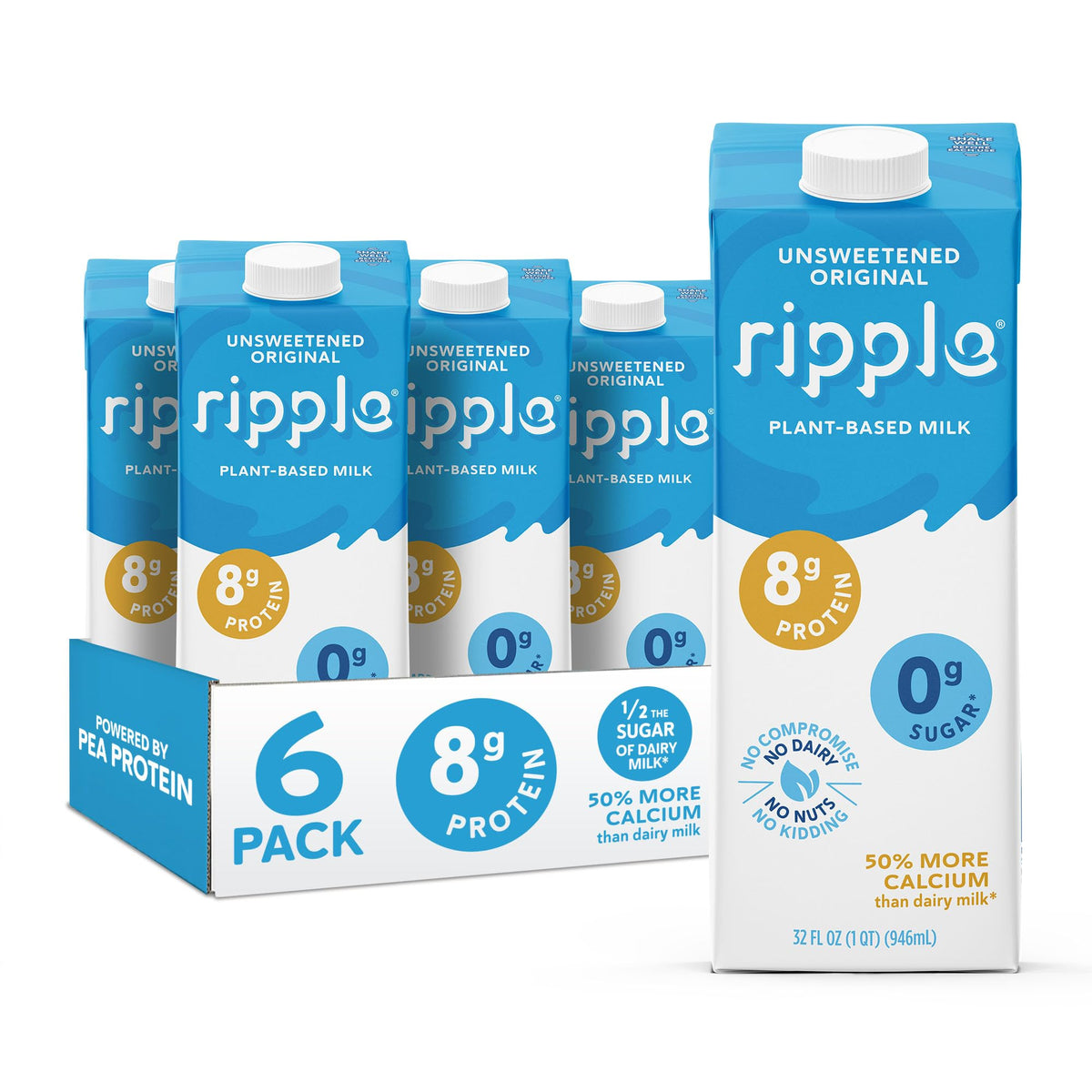 Ripple Unsweetened Original Plant Based Milk | 8g Protein, Calcium Rich, Shelf-Stable | Vegan, Non-GMO | 32 Fl Oz Cartons (Pack of 6)