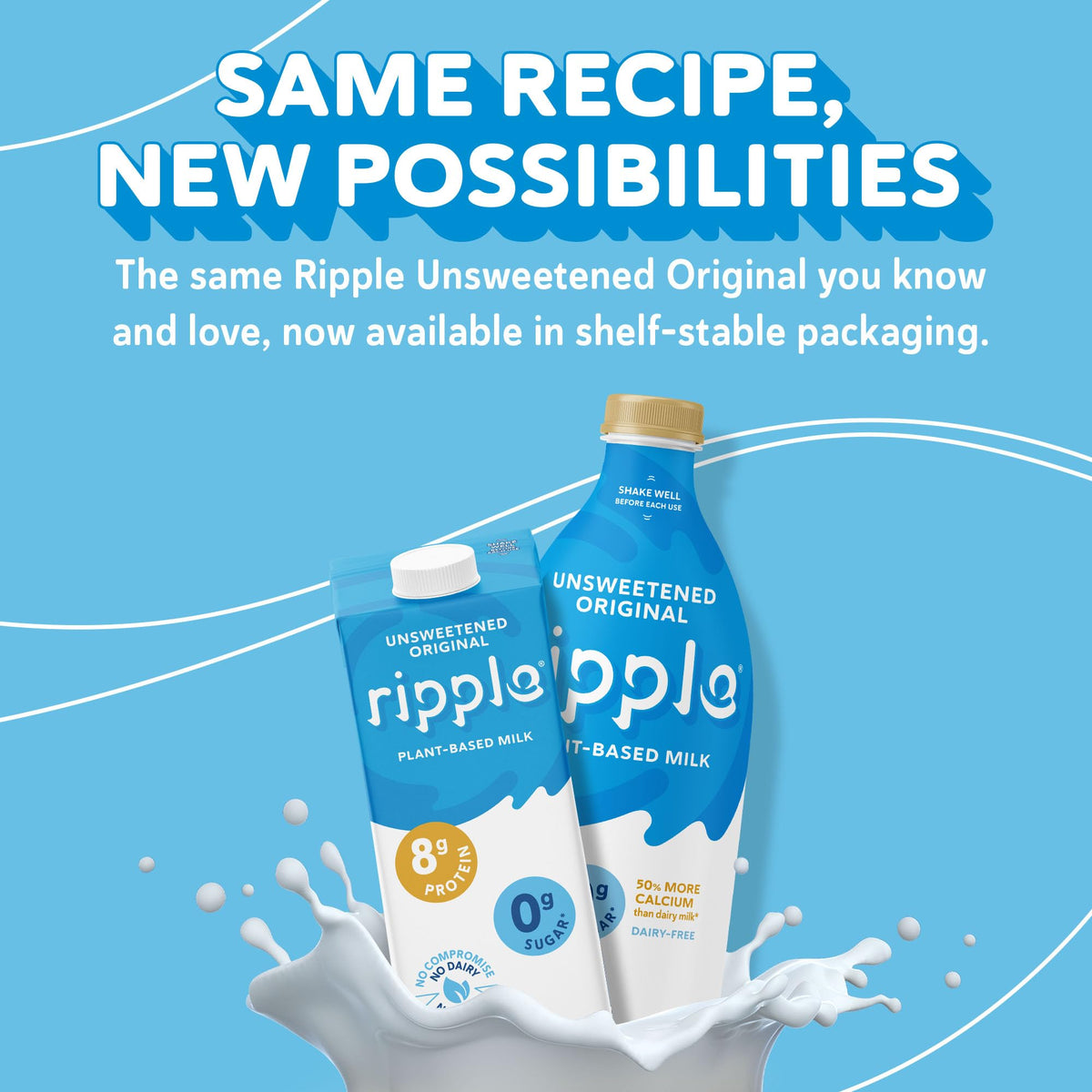 Ripple Unsweetened Original Plant Based Milk | 8g Protein, Calcium Rich, Shelf-Stable | Vegan, Non-GMO | 32 Fl Oz Cartons (Pack of 6)