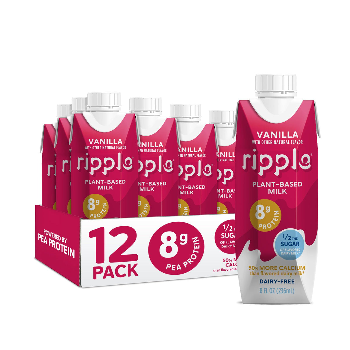 Ripple Vanilla Non-Dairy Milk — 8g Protein, Shelf-Stable 8 oz Cartons (Pack of 12)