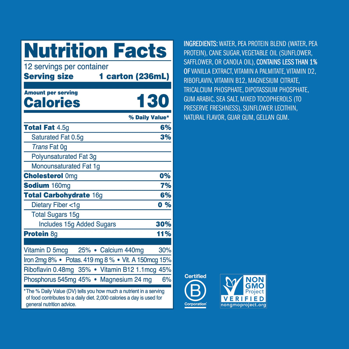 Ripple Vanilla Non-Dairy Milk — 8g Protein, Shelf-Stable 8 oz Cartons (Pack of 12)
