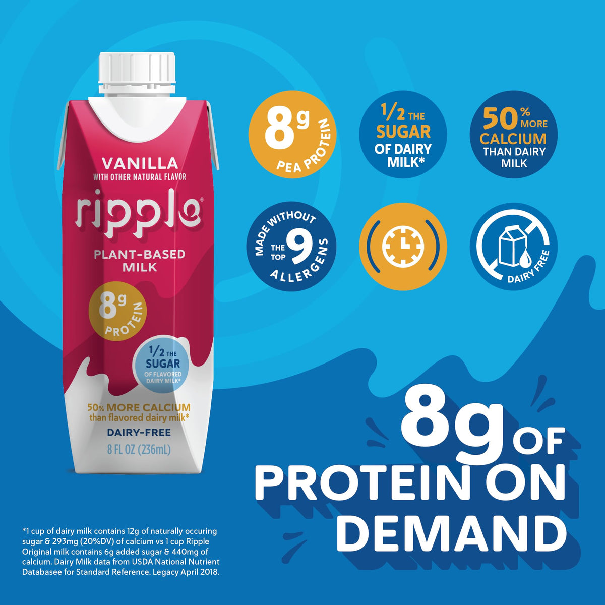 Ripple Vanilla Non-Dairy Milk — 8g Protein, Shelf-Stable 8 oz Cartons (Pack of 12)