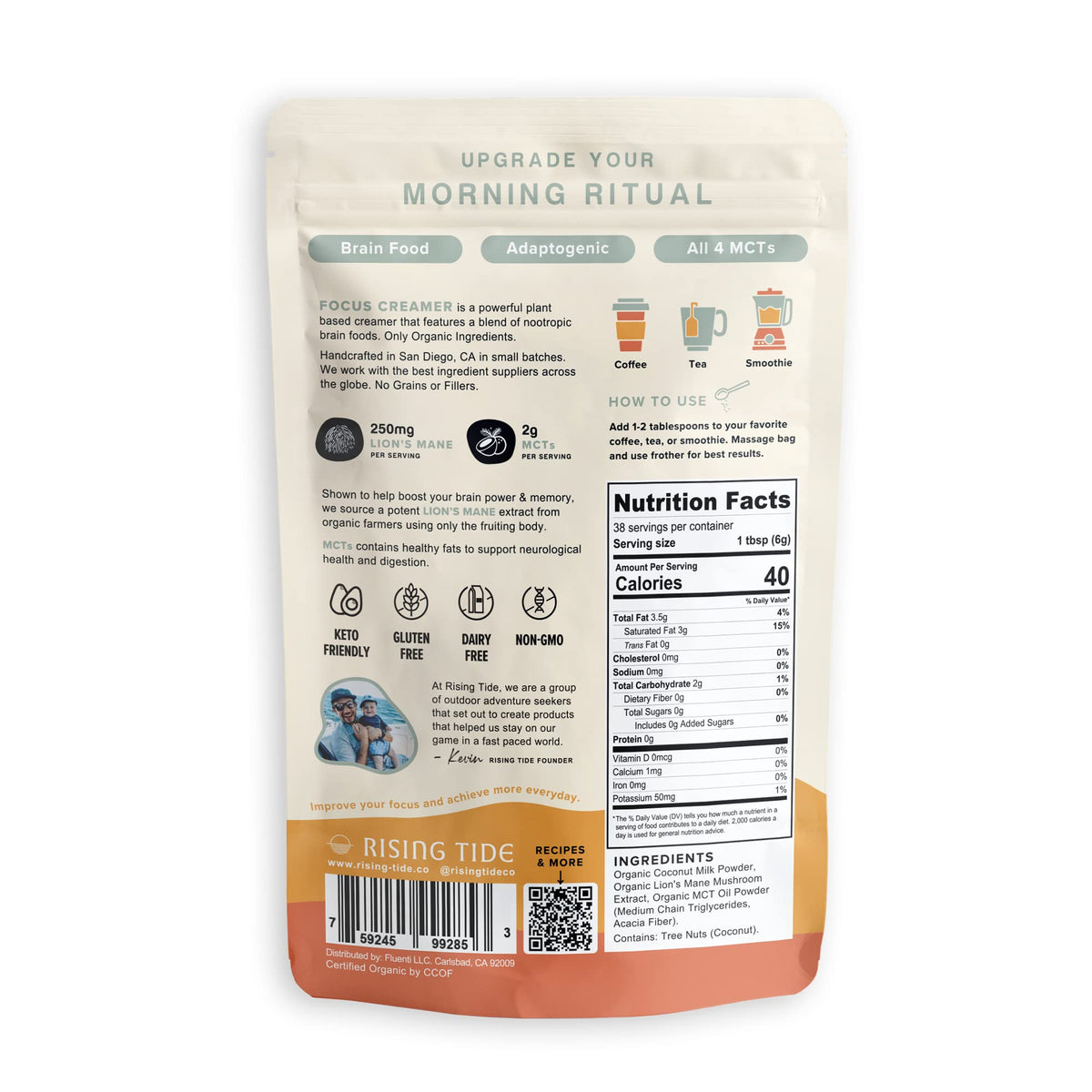 Rising Tide Organic Mushroom Creamer - Dairy Free, Unsweetened, Lions Mane and MCT - Only 4 Ingredients