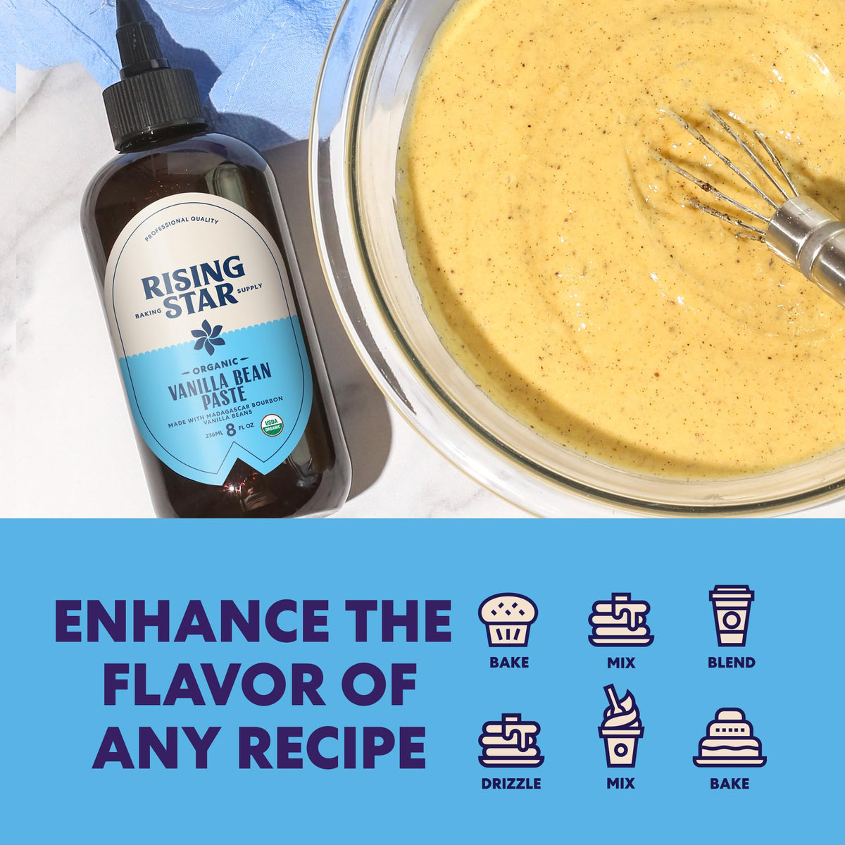 Rising Star Organic Vanilla Bean Paste – 8 oz (1 Ct) | 1:1 Vanilla Extract Substitute, Non-GMO, Vegan, Gluten-Free