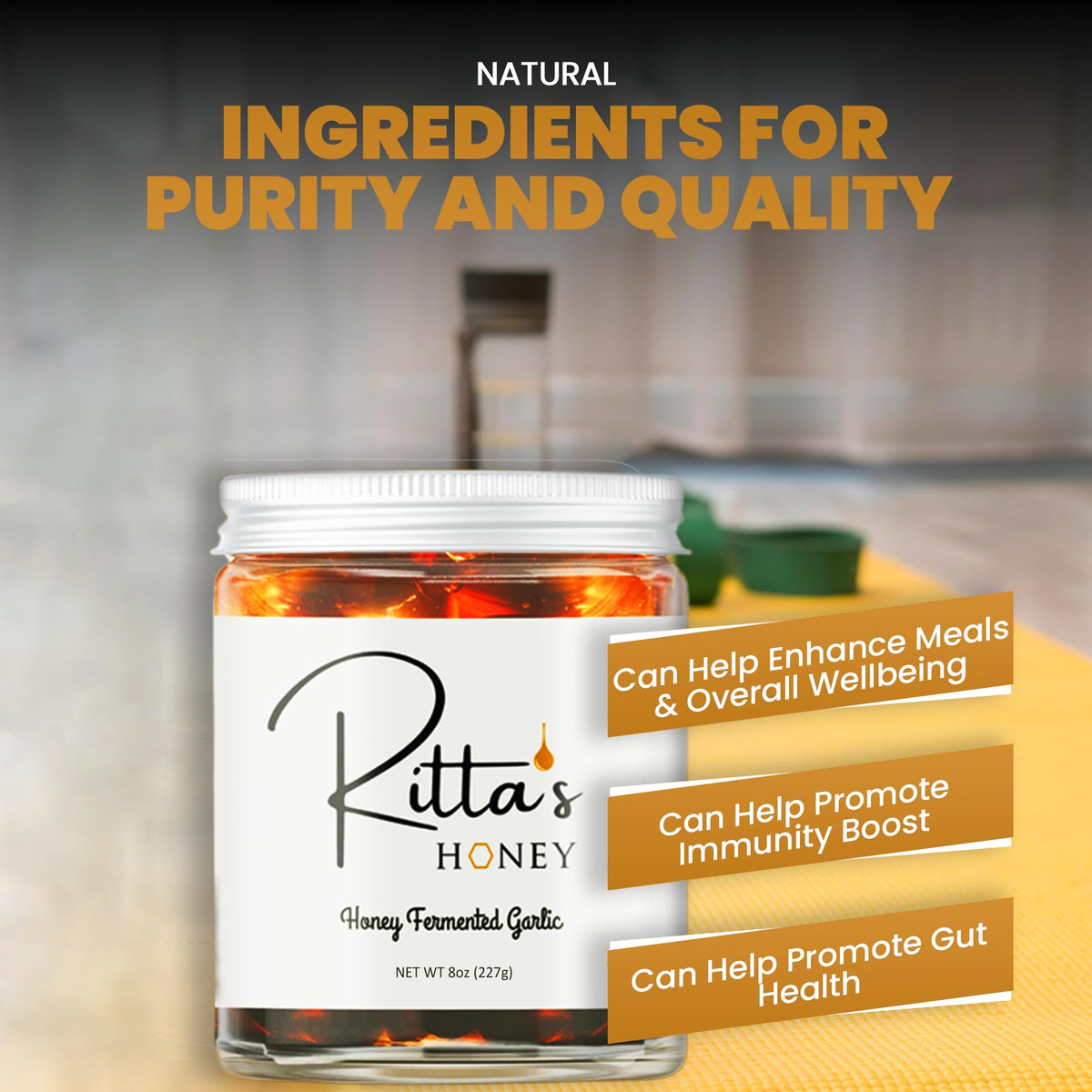 Ritta's Honey Fermented Garlic Honey – Raw California Wildflower, Probiotic Garlic Infused Honey, 8 oz Jar