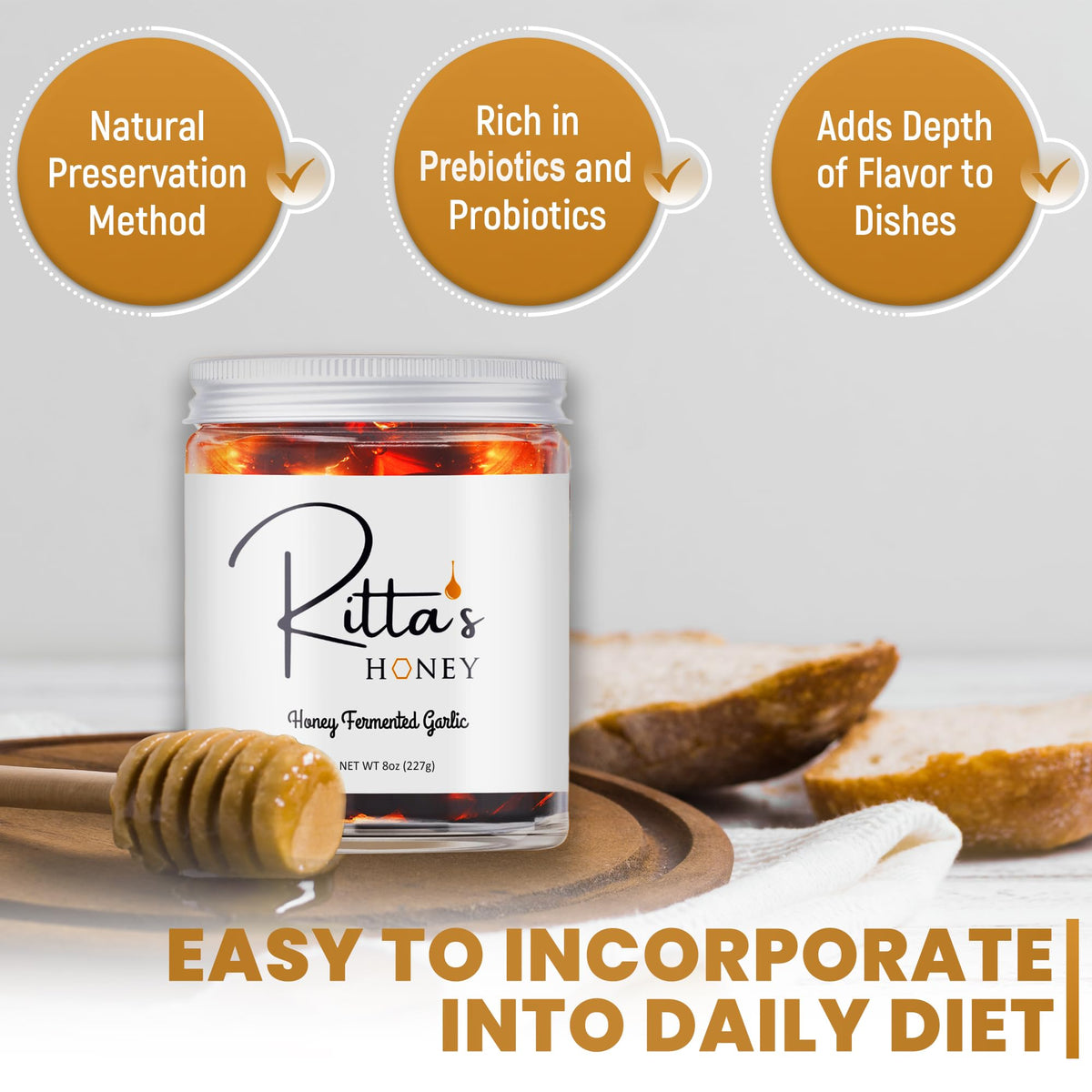 Ritta's Honey Fermented Garlic Honey – Raw California Wildflower, Probiotic Garlic Infused Honey, 8 oz Jar