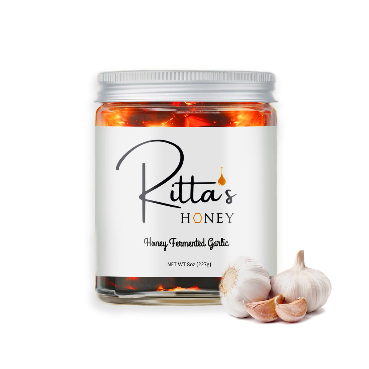 Ritta's Honey Fermented Garlic Honey – Raw California Wildflower, Probiotic Garlic Infused Honey, 8 oz Jar