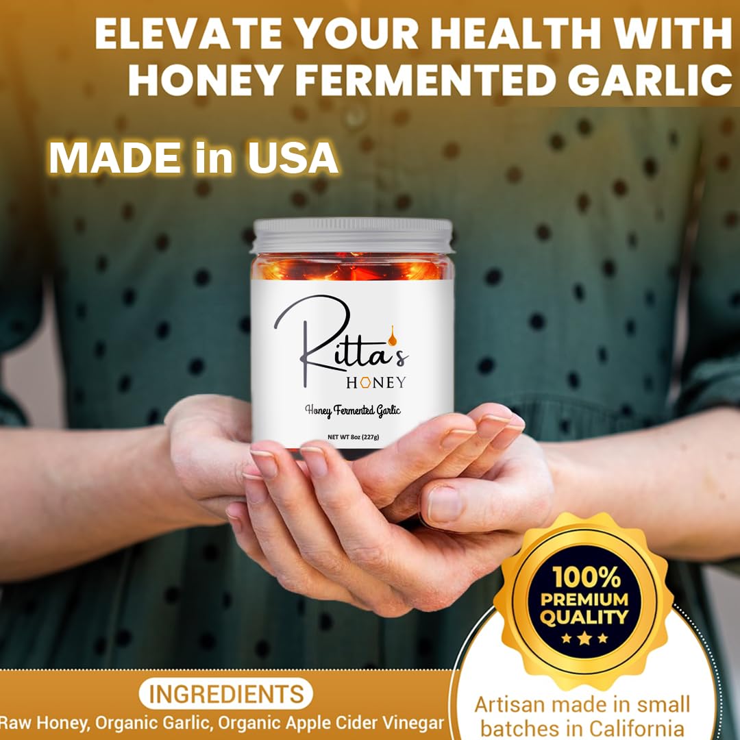Ritta's Honey Fermented Garlic Honey – Raw California Wildflower, Probiotic Garlic Infused Honey, 8 oz Jar
