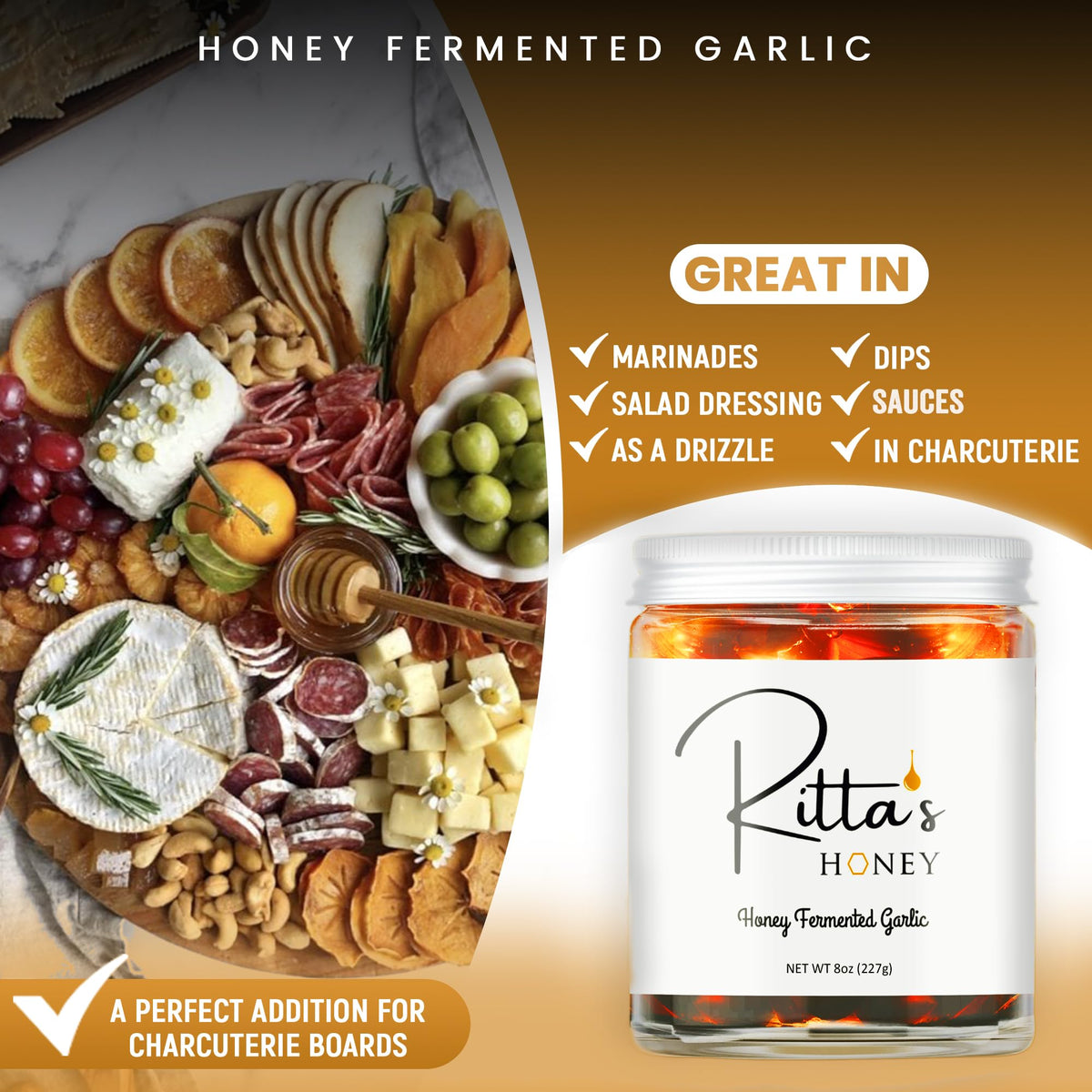 Ritta's Honey Fermented Garlic Honey – Raw California Wildflower, Probiotic Garlic Infused Honey, 8 oz Jar