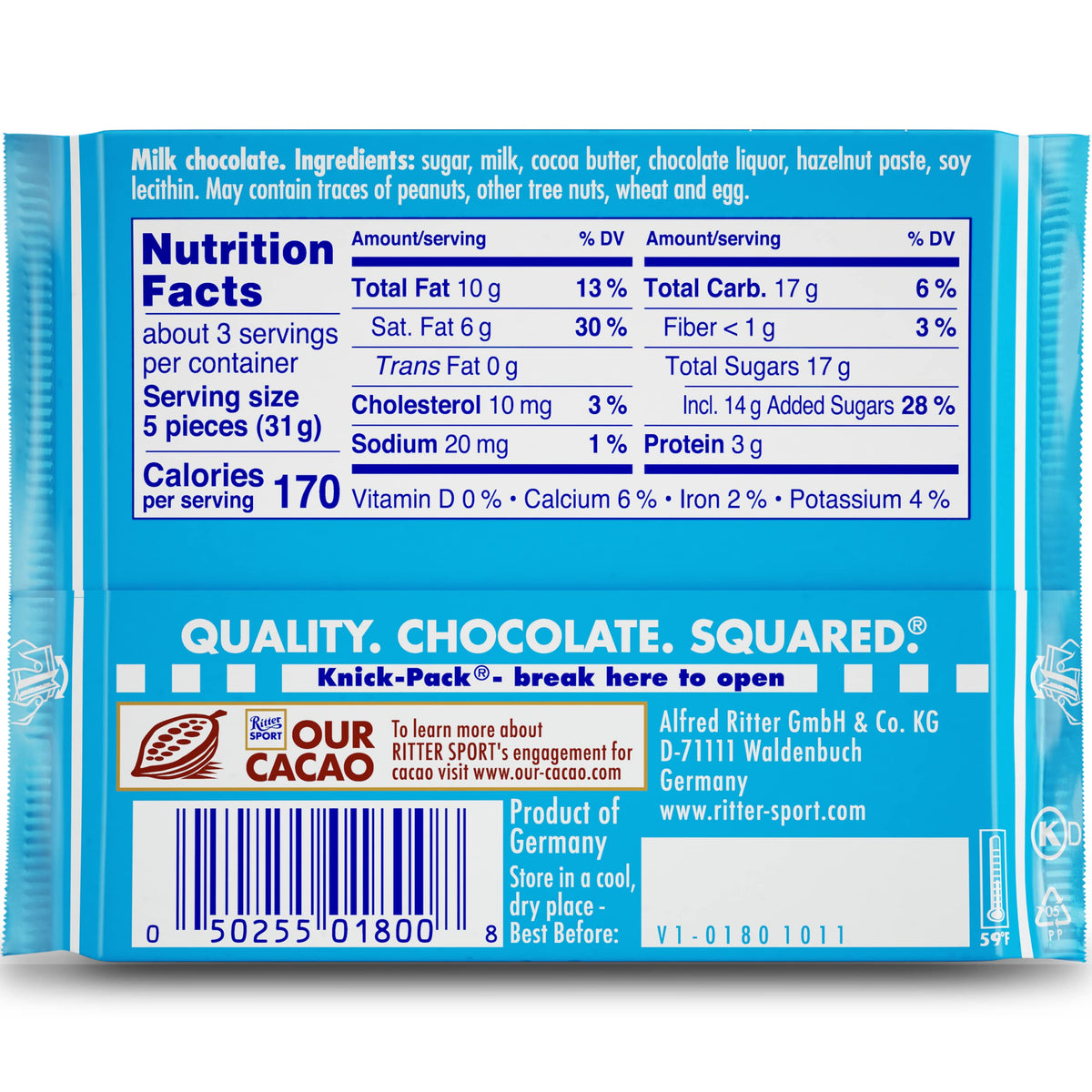 Ritter Sport Alpine Milk Chocolate – 3.5 oz Bar, 12-Pack, 100% Certified Sustainable Cocoa