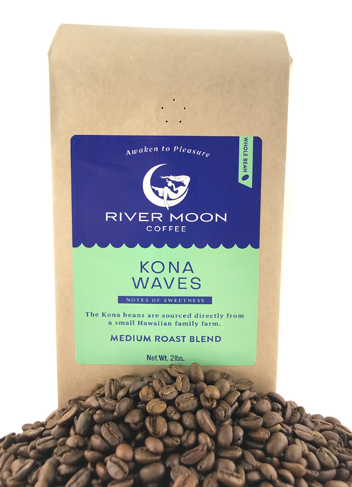 River Moon Coffee Kona Waves Hawaiian Blend – Medium Roast, Whole Bean, 2 lbs, 100% Arabica