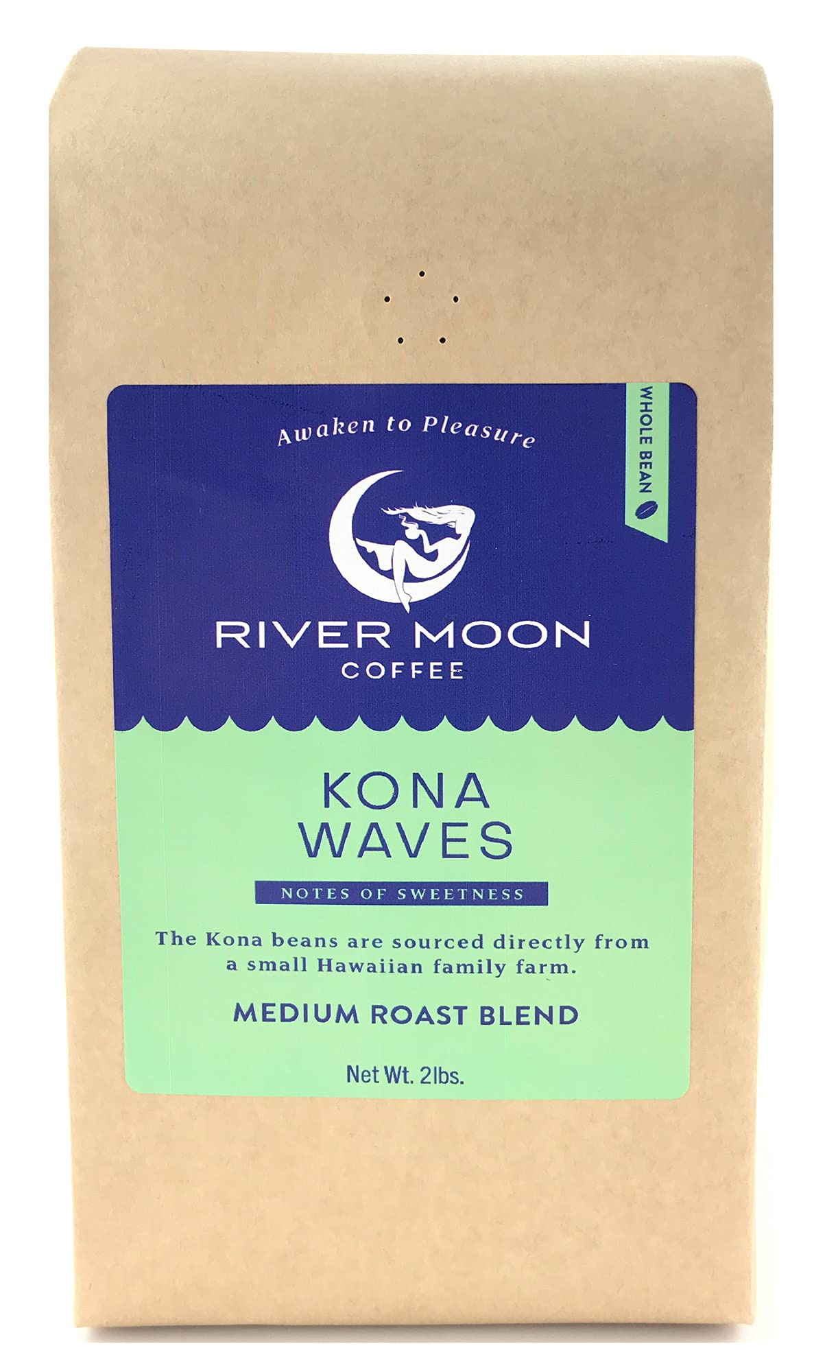 River Moon Coffee Kona Waves Hawaiian Blend – Medium Roast, Whole Bean, 2 lbs, 100% Arabica