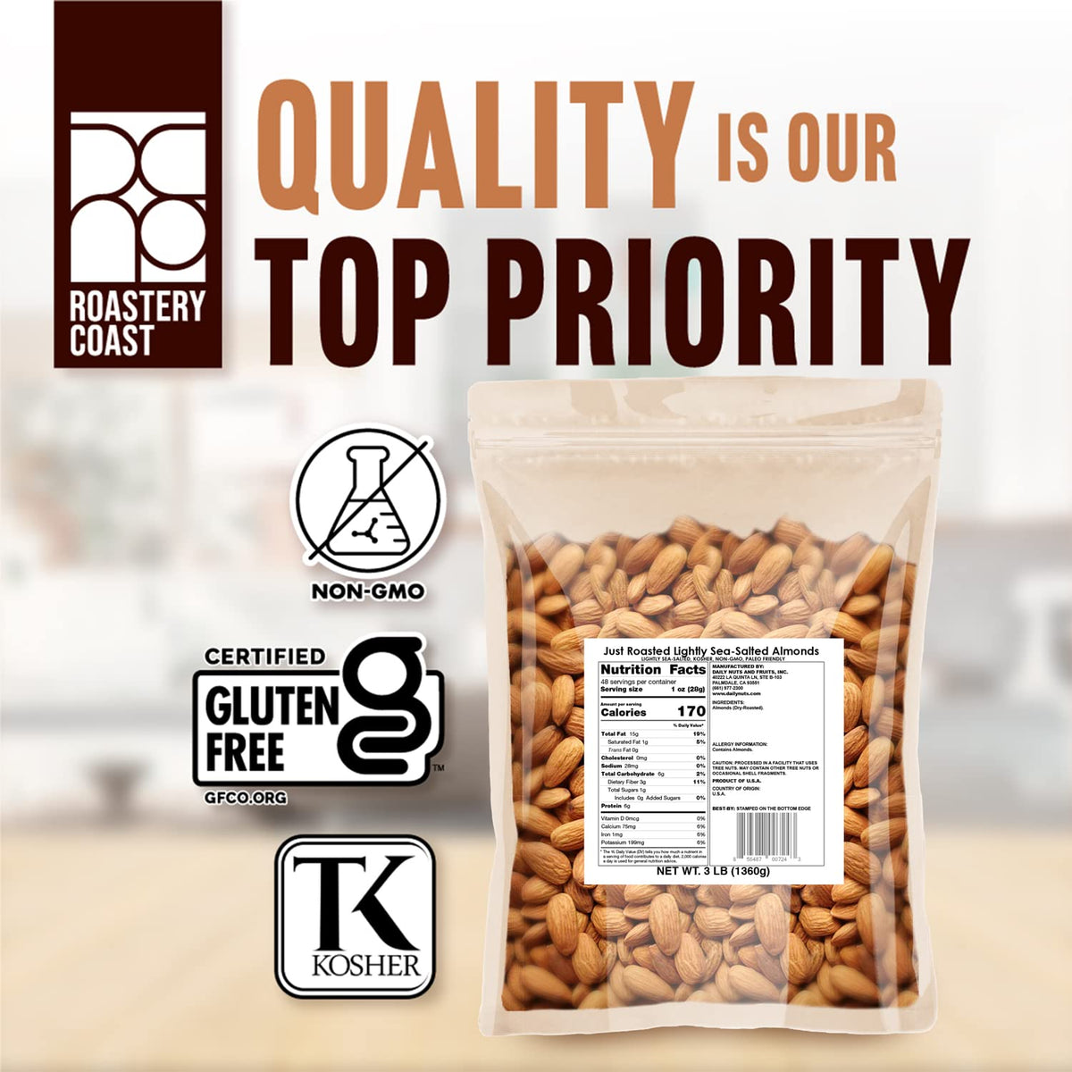 Roastery Coast Just Roasted Almonds | 3 lb Bulk Nuts – Keto Snack, Low Sodium, Non-GMO