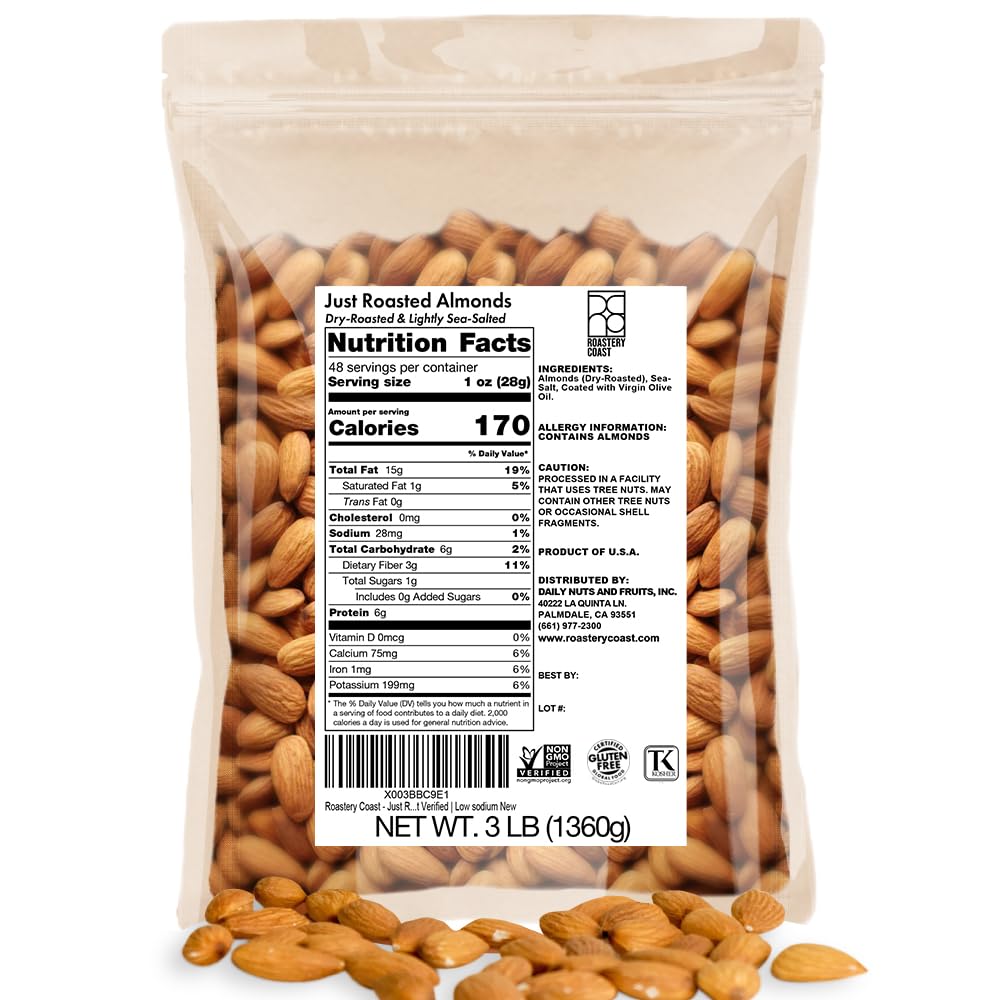 Roastery Coast Just Roasted Almonds | 3 lb Bulk Nuts – Keto Snack, Low Sodium, Non-GMO