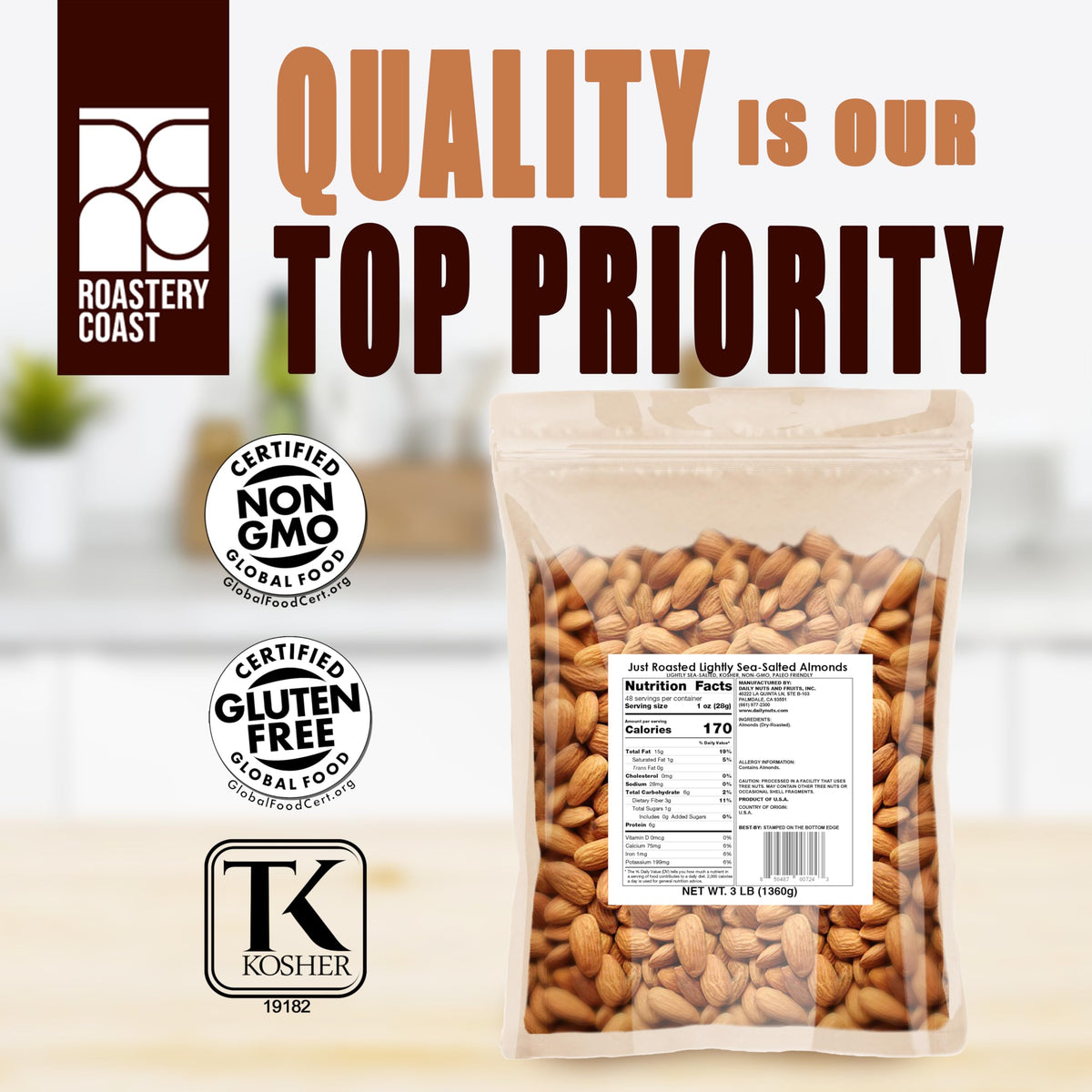 Roastery Coast Just Roasted Almonds | 3 lb Bulk Nuts – Keto Snack, Low Sodium, Non-GMO