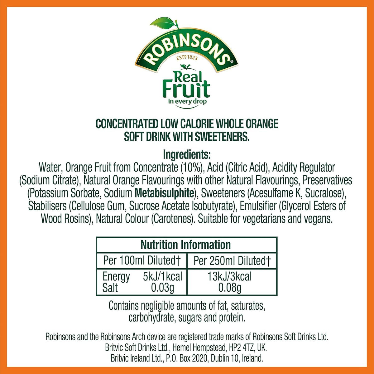 Robinsons Whole Orange No Added Sugar 1L – Pack of 4 | Real Fruit Squash