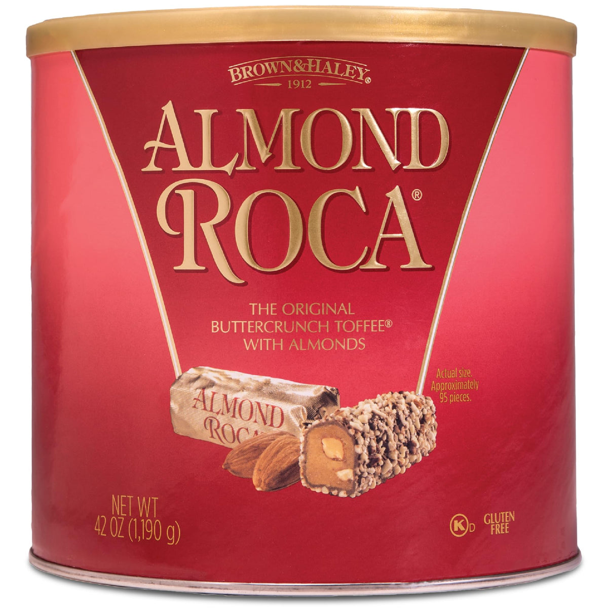 Roca Almond Buttercrunch Toffee Canister – Original Almonds, 42oz, Gluten Free & Kosher, Individually Wrapped