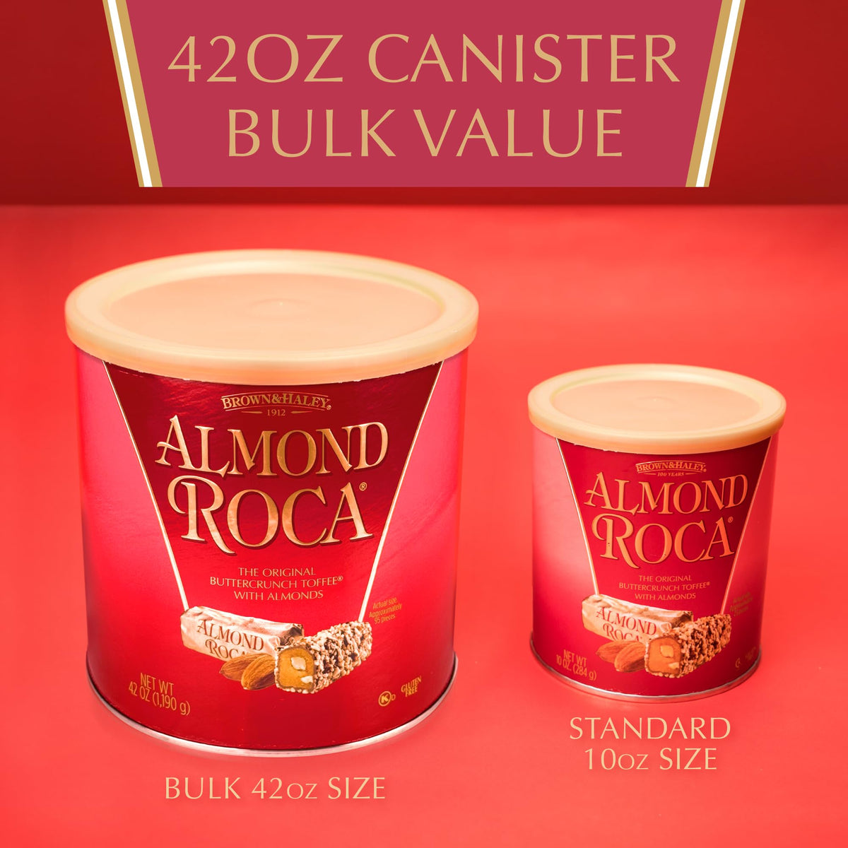 Roca Almond Buttercrunch Toffee Canister – Original Almonds, 42oz, Gluten Free & Kosher, Individually Wrapped