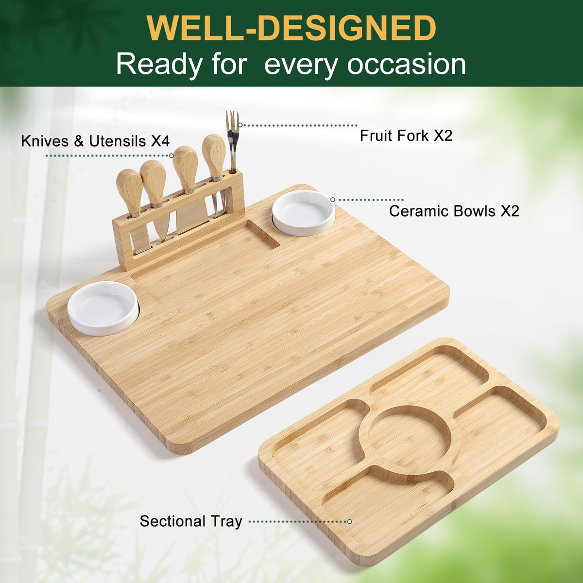 ROCIRLAB Bamboo Charcuterie Board with Knife Set — Lightweight 23x11 Serving Platter
