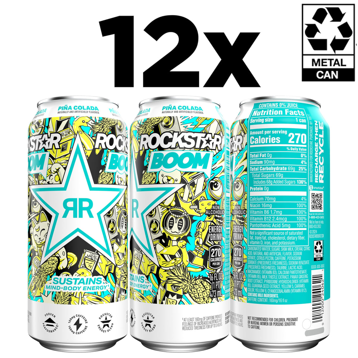 Rockstar Energy Drink Boom Piña Colada — 16 oz Cans (12-Pack)