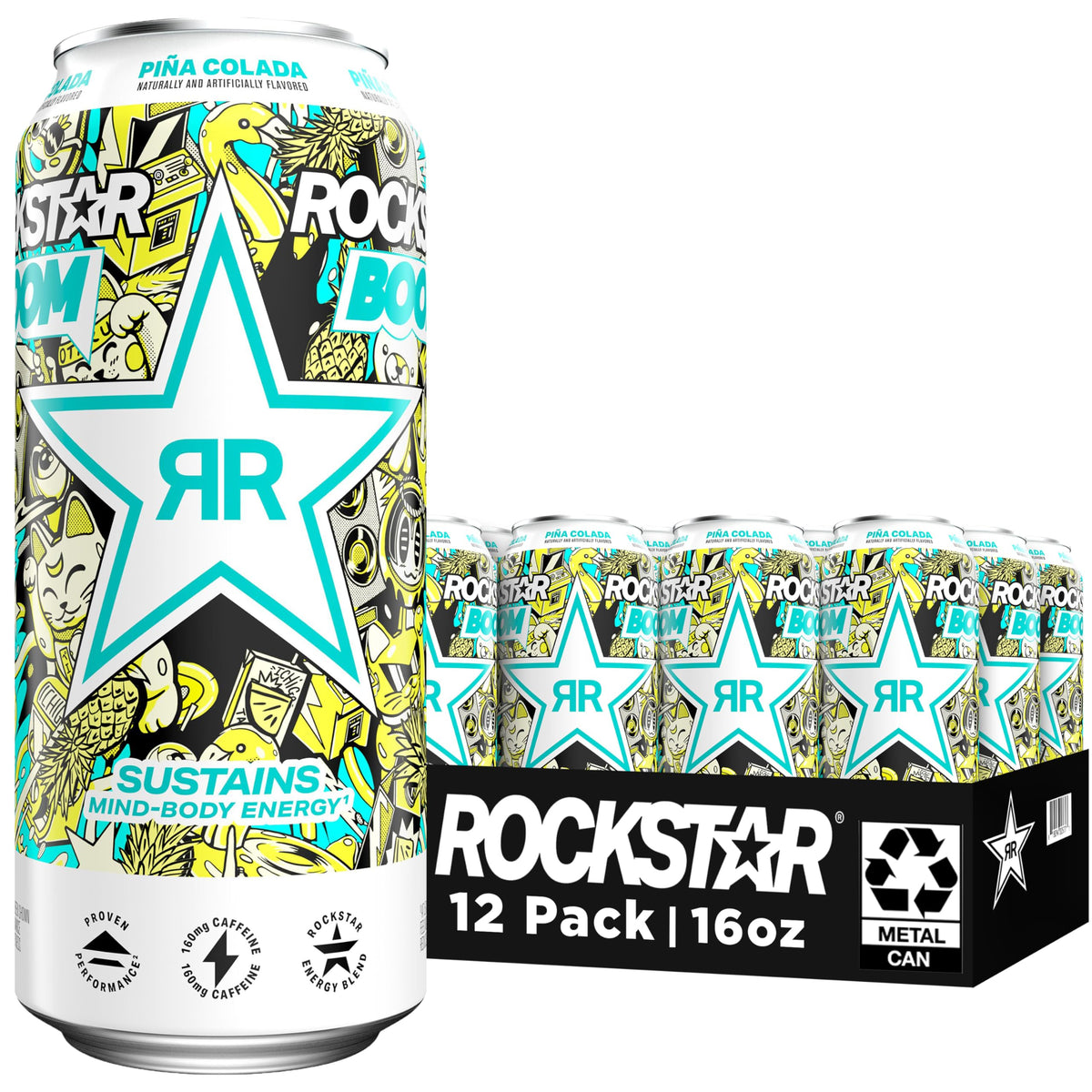 Rockstar Energy Drink Boom Piña Colada — 16 oz Cans (12-Pack)